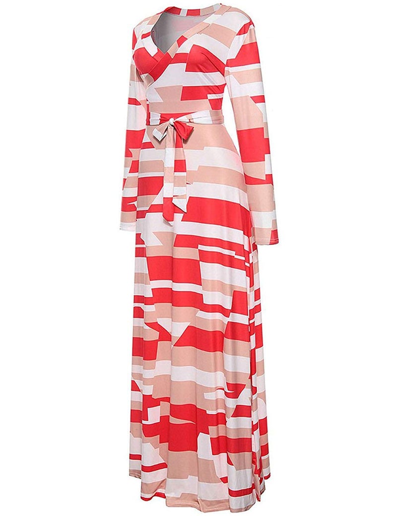 Locryz Women's V Neck 3/4 Sleeve Digital Floral Printed Party Loose Long Maxi Dress with Belt S-3XL (XXXL, Orange Red) - Image 3